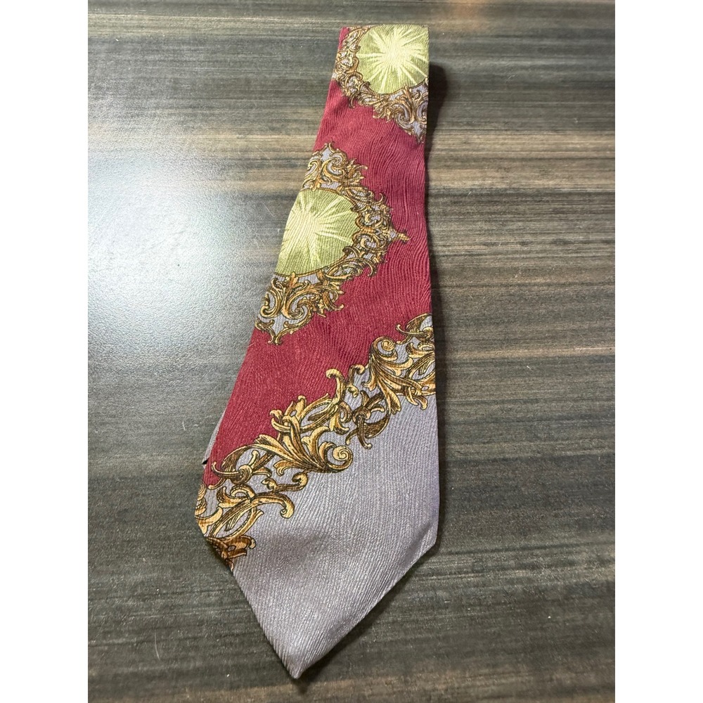 Oscar de la Renta Couture Silk Tie Baroque Scroll Medallion Burgundy Grey USA